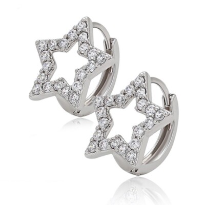 925 Sterling Silver Womens 15mm Stars Huggie Dangle Clear Zircon Earrings D56