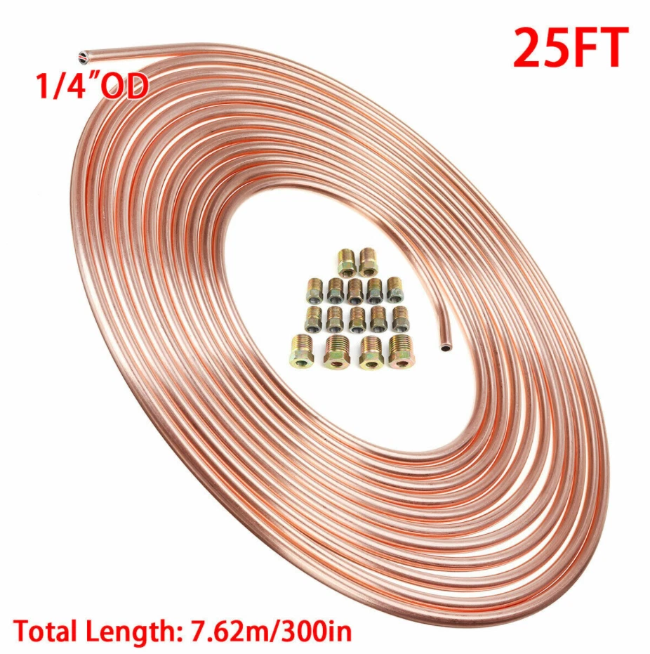 Комплект трубок тормозной магистрали медный никель 1/4 OD 25 футов рулон катушки с 16 фитингами доставка из США - Изображение 2 из 4