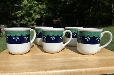 Lenox Mugs Casual Images Bedazzle Emerald Navy Green White Dining SET/5 READ