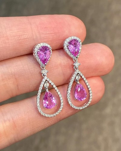 Pear Cut 4.10Ct Natural Pink Sapphire & Diamond Earring Stud 14K Real White Gold