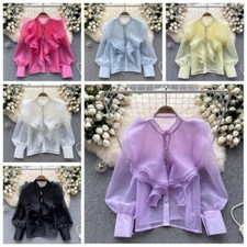 Women Mesh Tops Sheer Ruffles Shirts Blouse Princess Retro Casual Long Sleeve