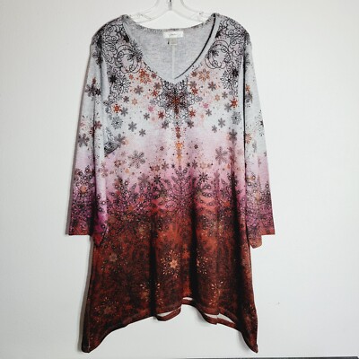 CJ Banks Tunic Top Plus Size 1X Snowflake Print Long Sleeve Soft Knit Stretch