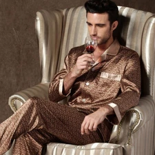 Mens Silk Satin Pajamas Sleepwear Pyjamas PJS Long Sleeve Nightwear Set Homewear