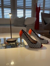 Ladies Moreshi Plaid Black White With Red-Orange Pumps Heels Stilettos Size 36