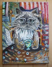 MELISSA BOLLEN COLORIST WHIMSICAL CAT FOLK ART OUTSIDER ART DRINKING KITTY OIL