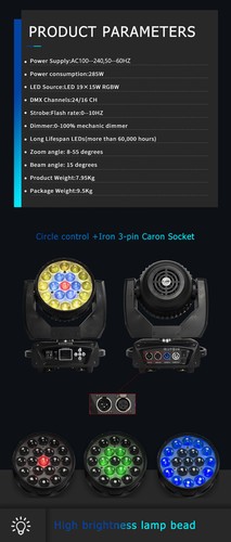 LED 19x15W Zoom Moving Head Stage Light RGBW DMX Beam Wash Lighting DJ Disco Bar - Picture 17 of 22