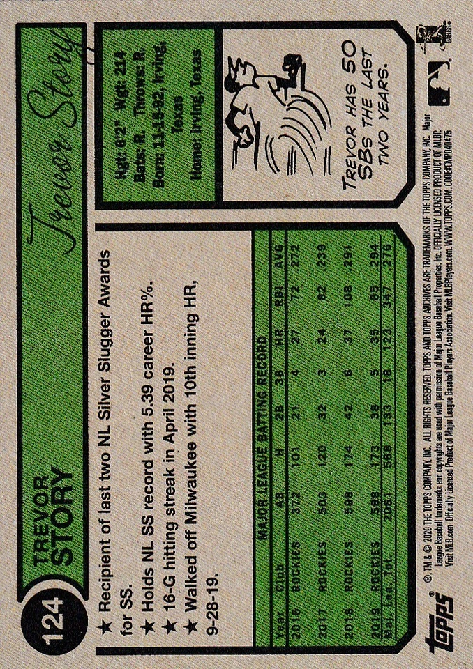 2020 TOPPS ARCHIVES TREVOR STORY COLORADO ROCKIES BASEBALL - B2388-1 - Image 2 of 2