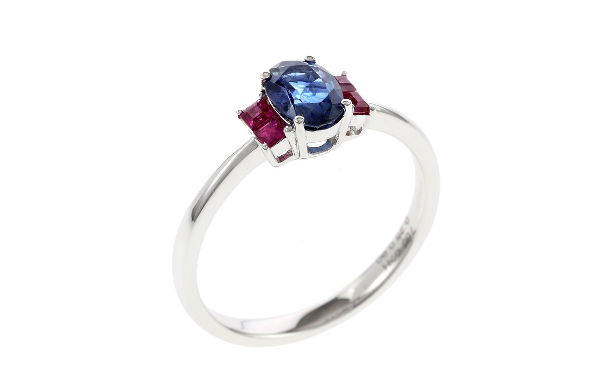 Ring 750/- Weißgold mit Saphir und Rubinen Ringgröße 55 WERT