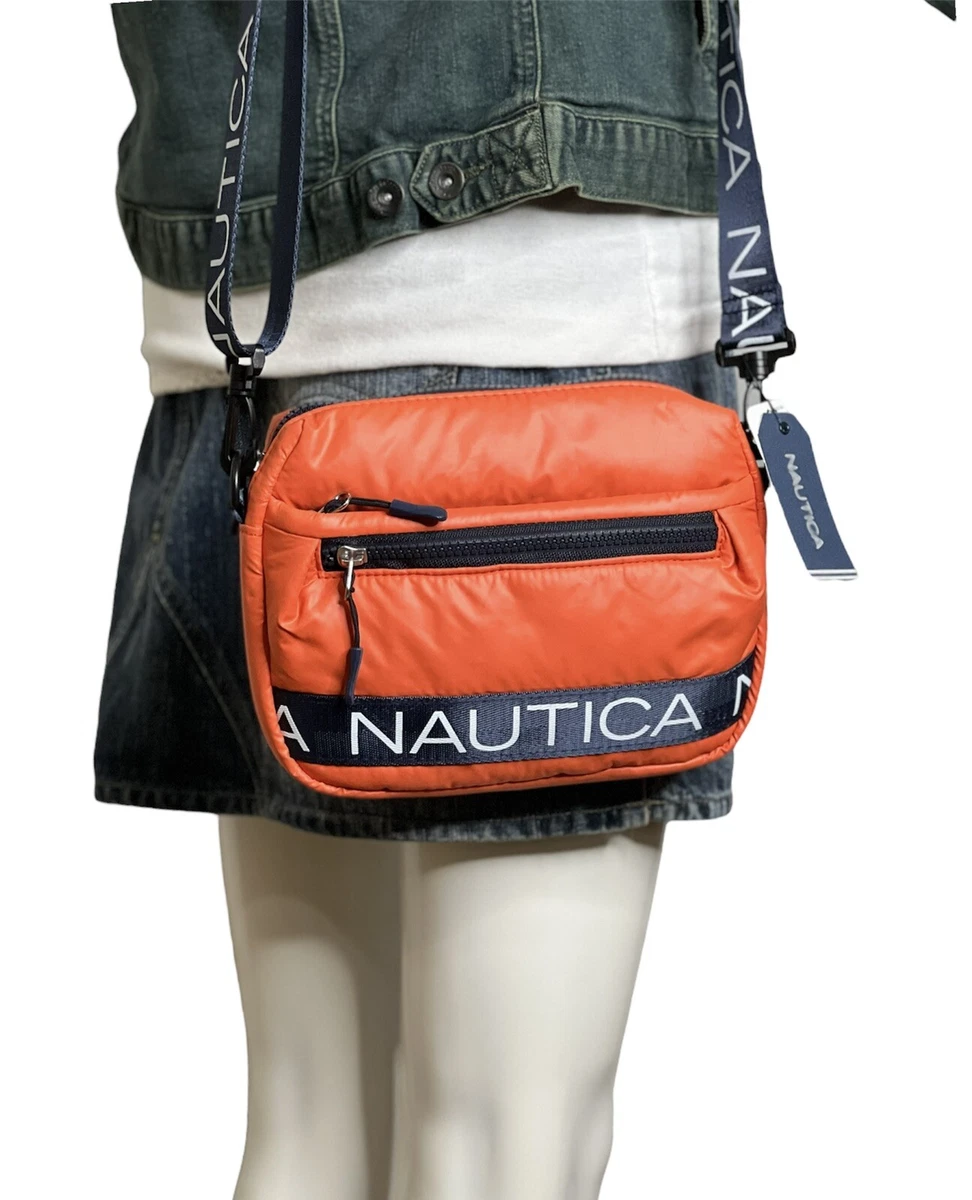 Nautica Womens Crossbody Bag Orange Navy Logo Shoulder Bag Puffer Waist Pack