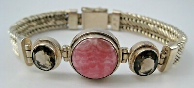 Sterling Silver Bracelet Rope Borders Rhodochrosite Smoky Quartz 7'' Box Clasp 