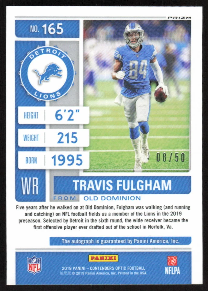 2019 Panini Contenders Optic Rookie Ticket Auto Orange Travis Fulgham /50 Lions - Image 2 of 2