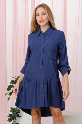 FIORE INDIGO COLLARED DRESS W/ ROLL TAB SLEEVES (S,M,L) ALL SIZES AVAILABLE