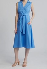 Tahari Asl Women's Blue Faux-Wrap Linen MIDI Dress Size 12