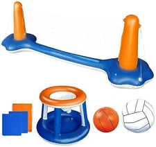 IXIR Inflatable Pool Basketball Hoop and Pool Volleyball Set with Pool Net