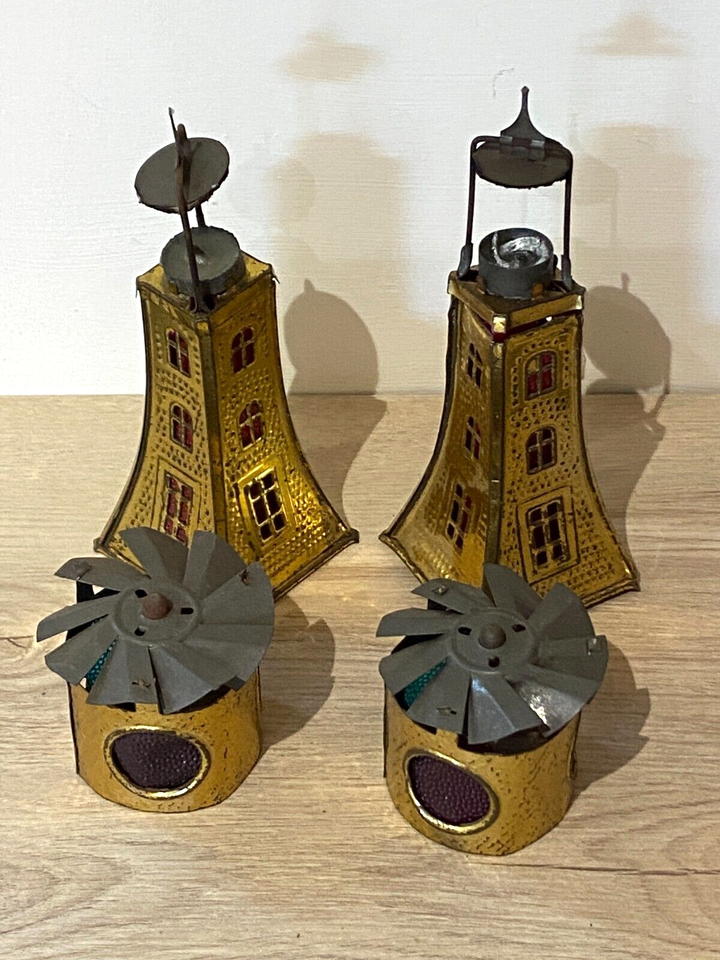 2 ANTIQUE TIN PLATE CANDLE POWERED LIGHTHOUSE CHRISTMAS DECORATIONS