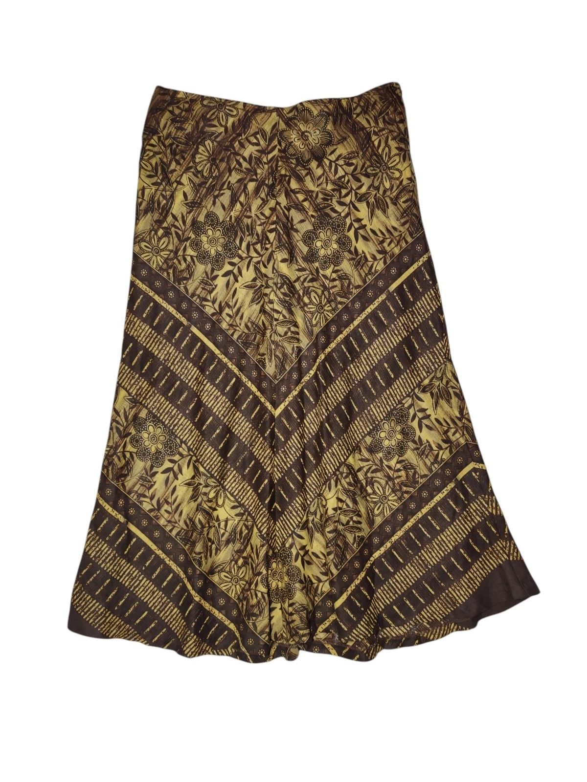 Vintage RQT Brown Yellow Floral Boho A-Line Linen Cotton Midi/Maxi Skirt 8