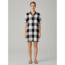 Everlane Black White Buffalo Check Linen Short Sleeve Button Front Mini Dress L