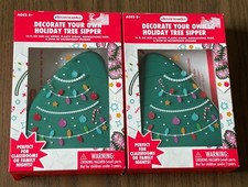2 New Christmas Decorate Your Own Holiday Tree 14 oz Sipper w/ Straw Stickers