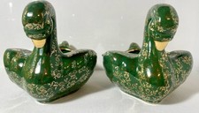 Set of 2 Pearl China Co. Green/22 KT Gold floral,Swan Candleholders, USA Vintage