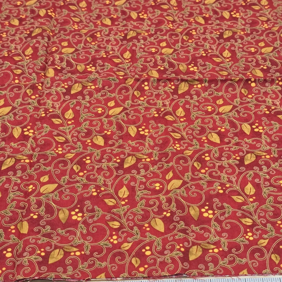 Cotton Fabric 18"x44" Nancy Maekawa Red Scroll Leaves Orange Holiday Blender - Image 3 of 4