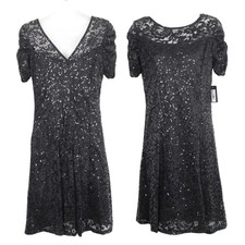 Marina Ruched Sleeves Lace Sequins Dress Size S V Neck Short Sleeve