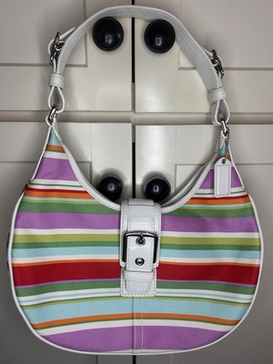 Auth Coach Vintage Hamptons Y2K Multi-Striped Hobo SoHo White Leather 10702 Bag