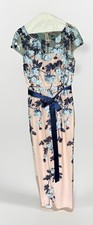 Taupe Colored Formal Dress Overlayed With Light And Dark Blue Flowers Worn Once