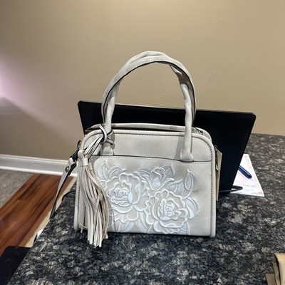 New Patricia Nash Burnished Rose Tooled Collection Leather Handbag- Chalk White 