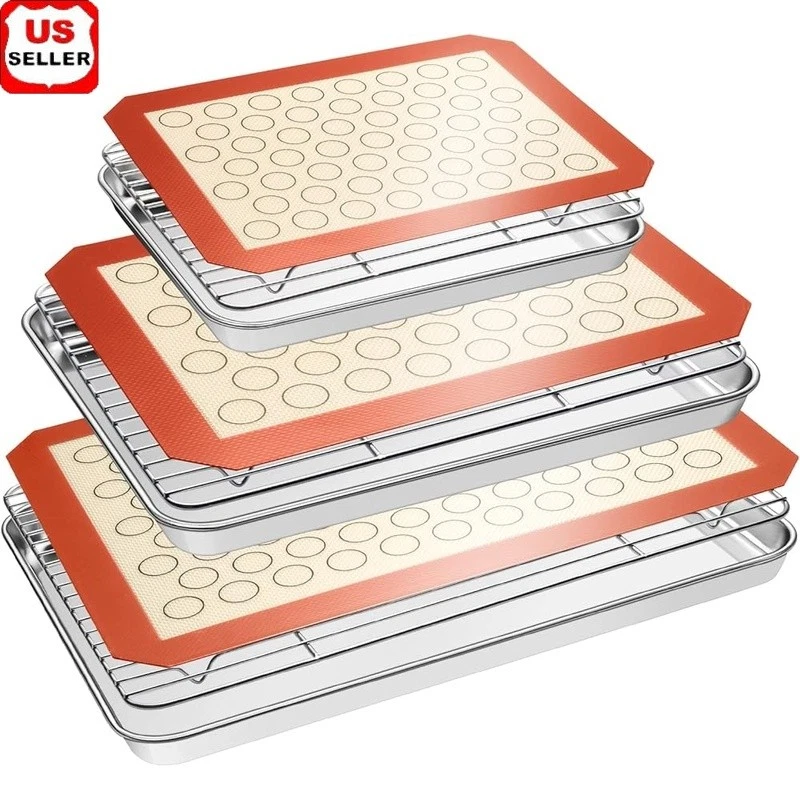 Stainless Steel Baking Sheet Pans Cooling Racks Non-Stick Bake Mats Heavy Duty
