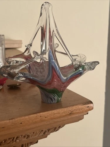 Vintage Murano Glass Stretched Basket, Blue, Green & Pink