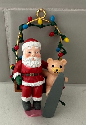 Vintage Santa & Bear on Ski Lift Christmas Ornament Santa s Best 1992