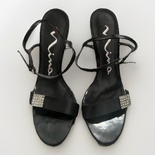 Nina Women  s Summer High Heel Black Strappy Sandals Rhinestone Ankle Strap 6.5