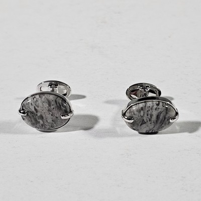 Jan Leslie Cufflinks Mens OS Grey Sterling Silver 925 Marble Stone Oval Toggle
