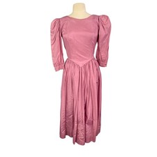 Vintage 80s Pink Puff Sleeve Gathered Waist Midi Prom Dress, 36 bust, 26 waist