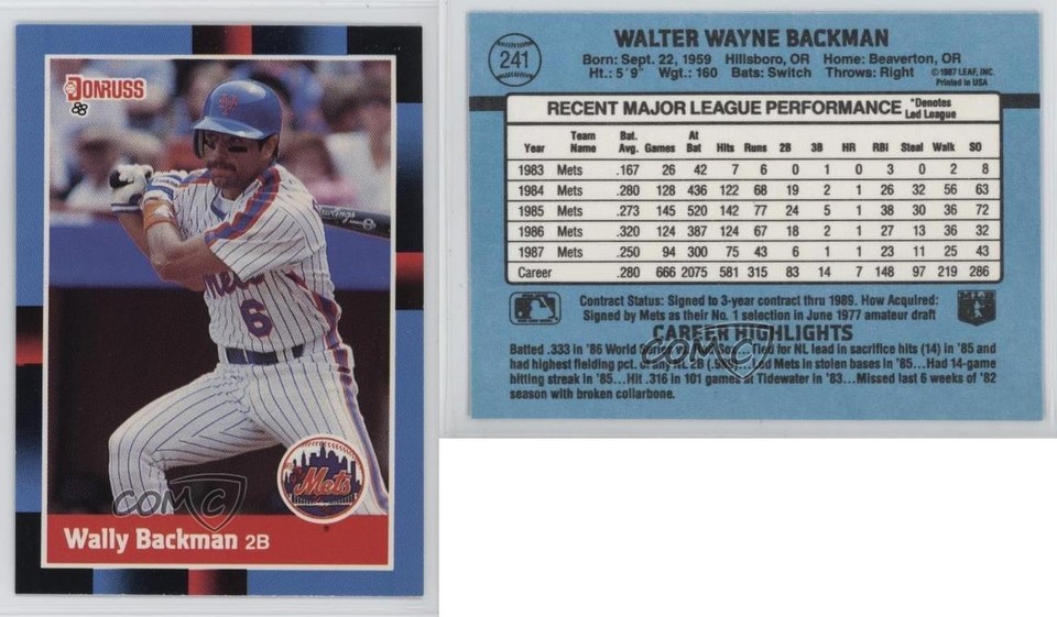 1988 Donruss Wally Backman (Solid Blue Upper Left Corner) #241 3h7 | eBay