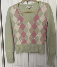 Tommy Hilfiger Pullover Sweater Colorblock Argyle Wool Angora Green Sequin