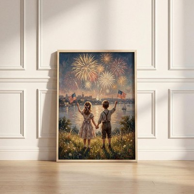 Vintage Patriotic Kids Fireworks Wall Art, Americana Independence Day Poster