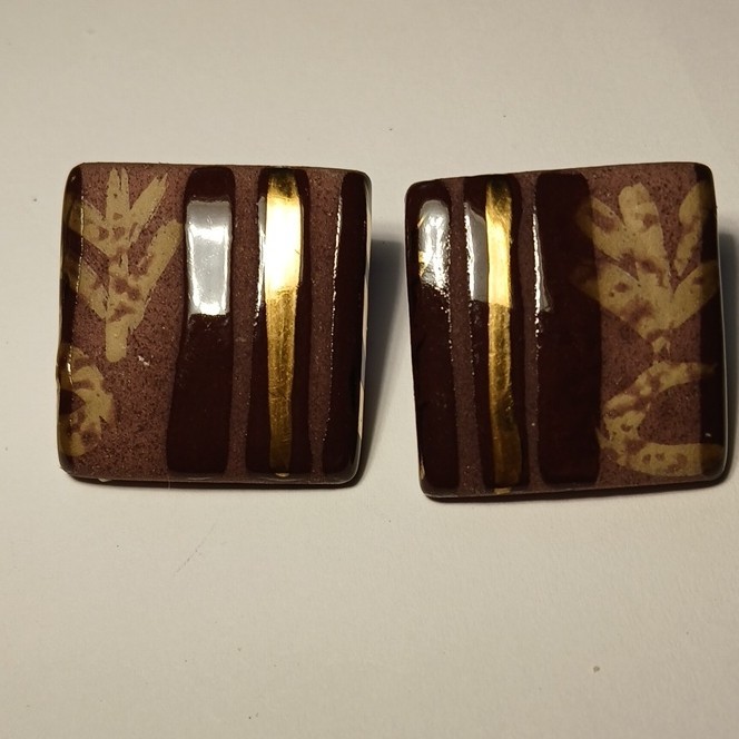 Handcrafted Ceramic Square Stud Earrings Brown Go… - image 1