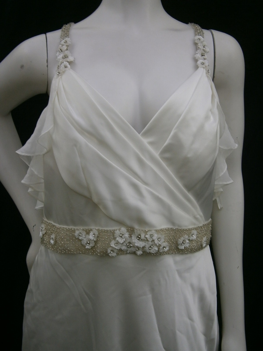 beaded belt wedding dress Pronovias Laia 16 Off-White Satin Chiffon Train NWT Crystal ribbon sash with