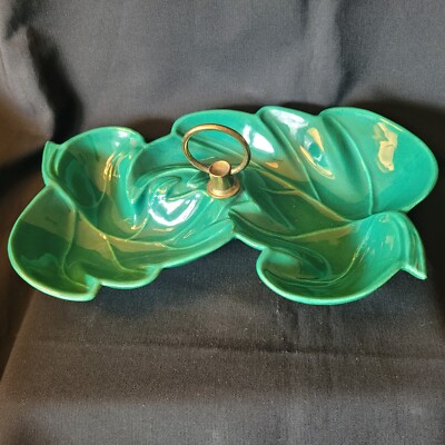 MCM 2 section ceramic green leaf candy/nut dish made in USA #100 11 in x 6 in