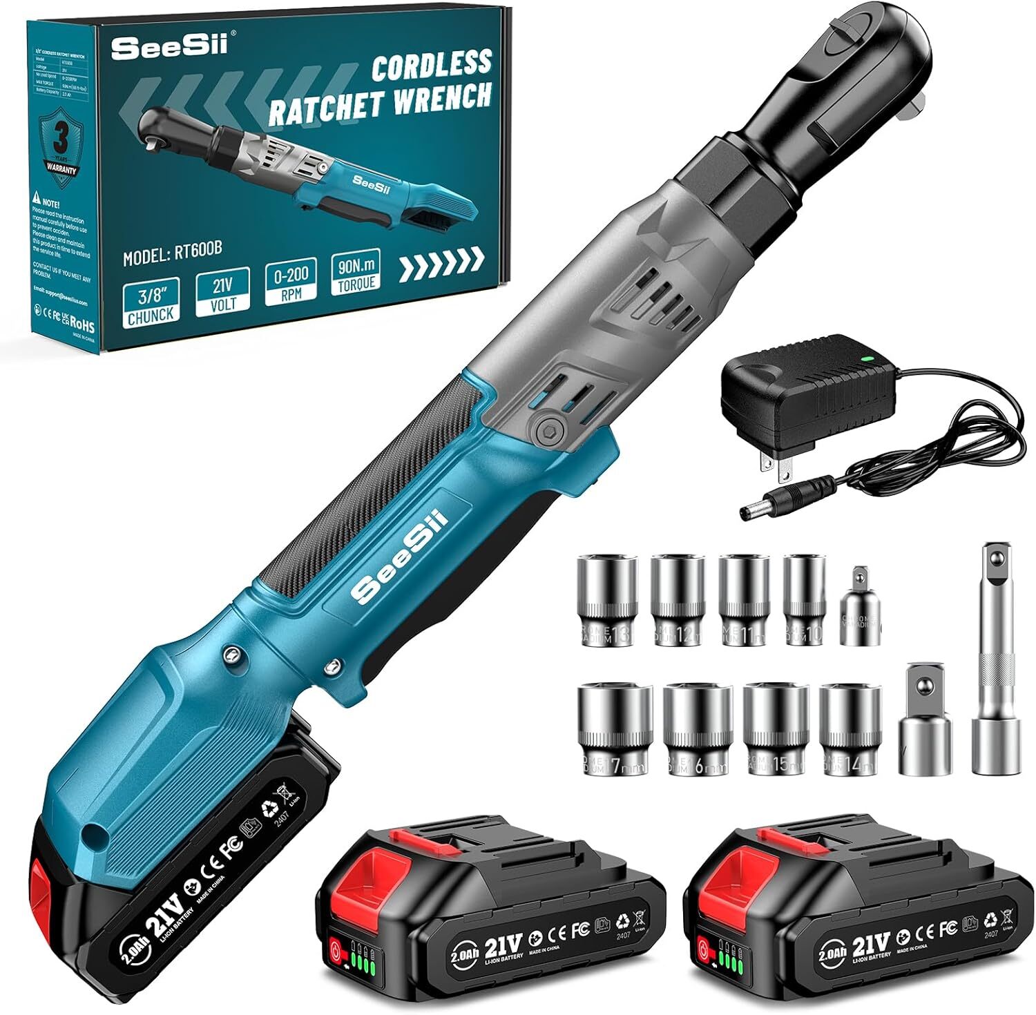 Seesii 21V Cordless Electric Ratchet Wrench Set, 66Ft-lbs 200RPM Ratchet Wrench