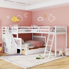 L Shaped Bunk Bed Triple Bunk Bed with 3 Drawers and Storage Stair Wood Loft Bed