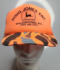 Vtg John Deere Butt Up Snapback Hat Doug Jones Walkertown NC Hunter Orange Camo