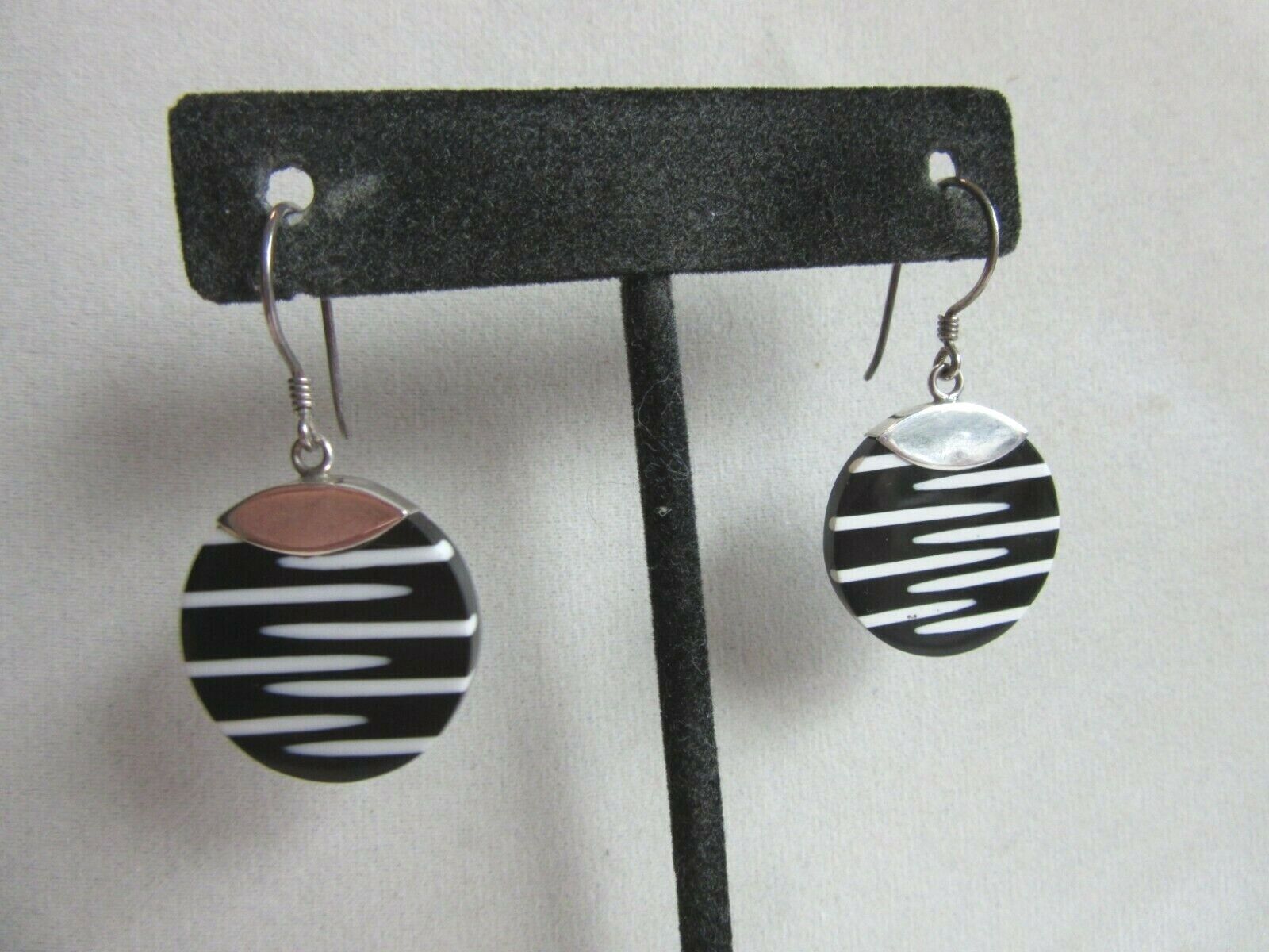 925 silver and Black and White striped resin disk… - image 1