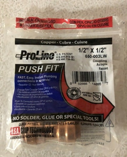 Pro Line Push Fit 1/2โX 1/2โ 650-003LW Copper Coupling-NEW/Open Box-Ships Free