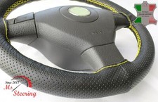 FOR AUSTIN A55 VAN 57-63 BLACK PERF LEATHER STEERING WHEEL COVER YELLOW STIT