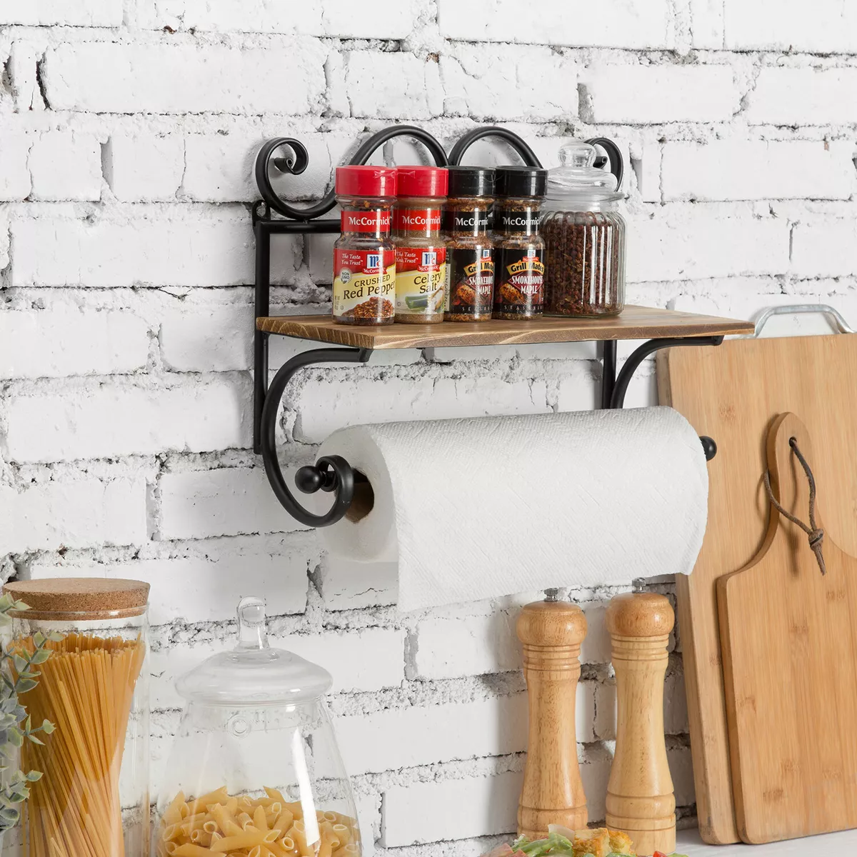 Dark Brown Wood and Black Metal Napkin Holders with Paper Towel Roll Stand  and Spice Rack