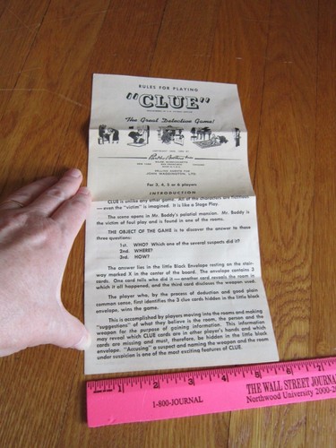 Vintage Clue Game Replacement Part 1950 Piece ORIGINAL Instruction Sheet Rules - Picture 2 of 2