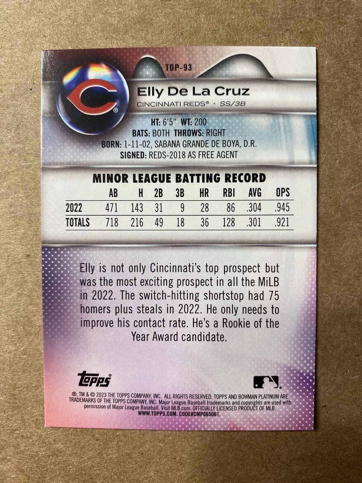 2023 Bowman Platinum Elly De La Cruz Top Prospect TOP93 Cincinnati