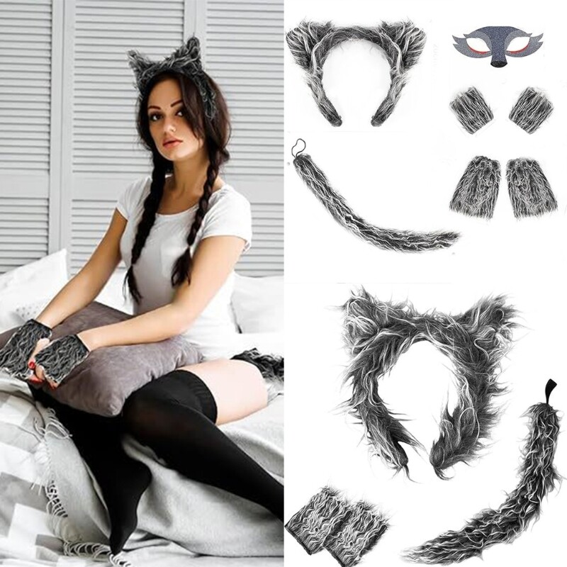 Wolf Costume Set Warm Headbands and Tail for Kids Halloweens Adventure
